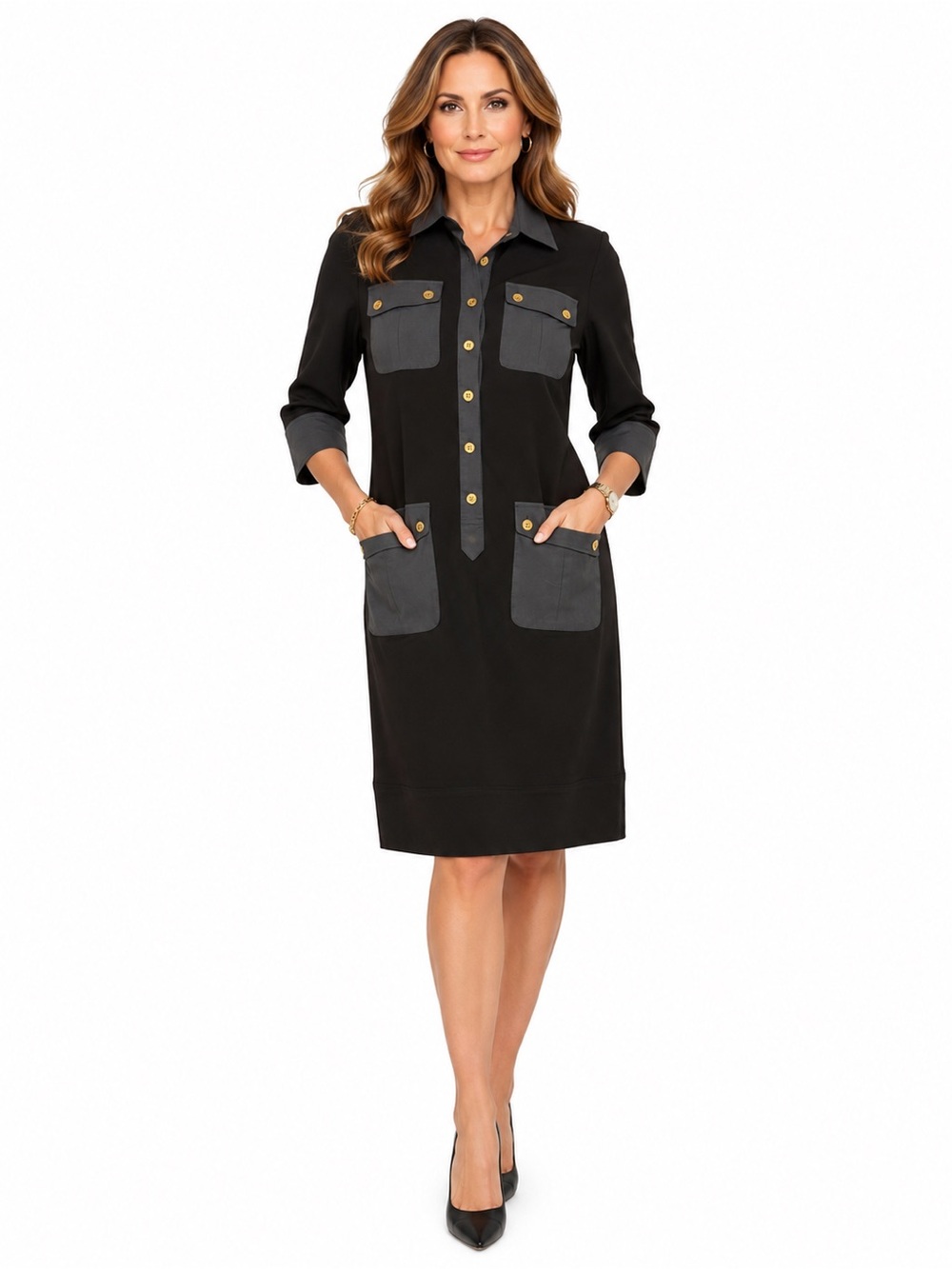 Ralph Lauren Black Midi Shirt Dress with Gray Pocket Accents